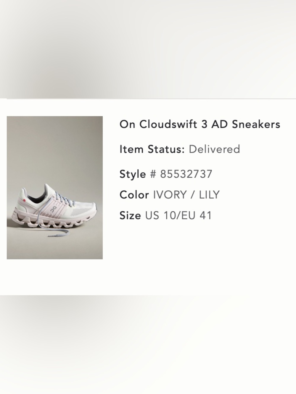 On Cloudswift 3 AD Sneaker in Ivory with Lily Accents - size 10
